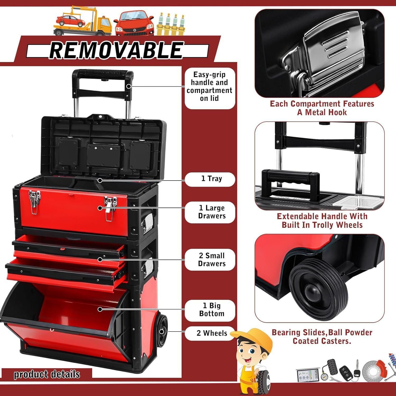Stackable Rolling Tool Box Portable Metal Tool Chest with Wheels and Drawers 28.5 x 19 x 8.5 Inch Trolley Toolbox Organizer 3 Tier Red Upright Tool Bin for Garage or Workshop Stackable Rolling Tool Box Portable Metal Tool Chest with Wheels and Drawers 28.5 x 19 x 8.5 Inch Trolley Toolbox Organizer 3 Tier Red Upright Tool Bin for Garage or Workshop