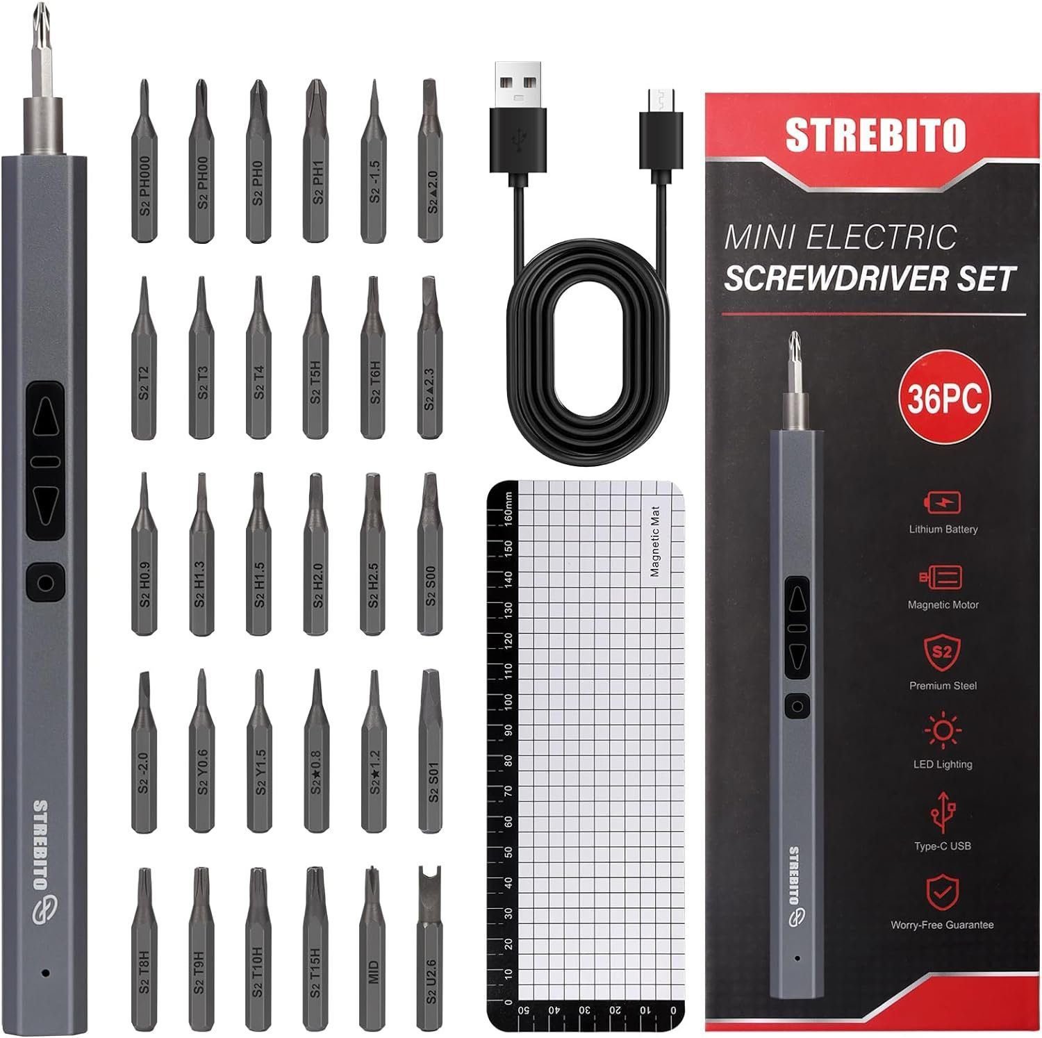 STREBITO Mini Electric Screwdriver Set, 36 in 1 Electric Precision Screwdriver Small Electric Screwdriver Kit, S2 Steel, Rechargeable Battery, 2 Torque Settings, Micro Power Screwdriver Cordless STREBITO Mini Electric Screwdriver Set, 36 in 1 Electric Precision Screwdriver Small Electric Screwdriver Kit, S2 Steel, Rechargeable Battery, 2 Torque Settings, Micro Power Screwdriver Cordless