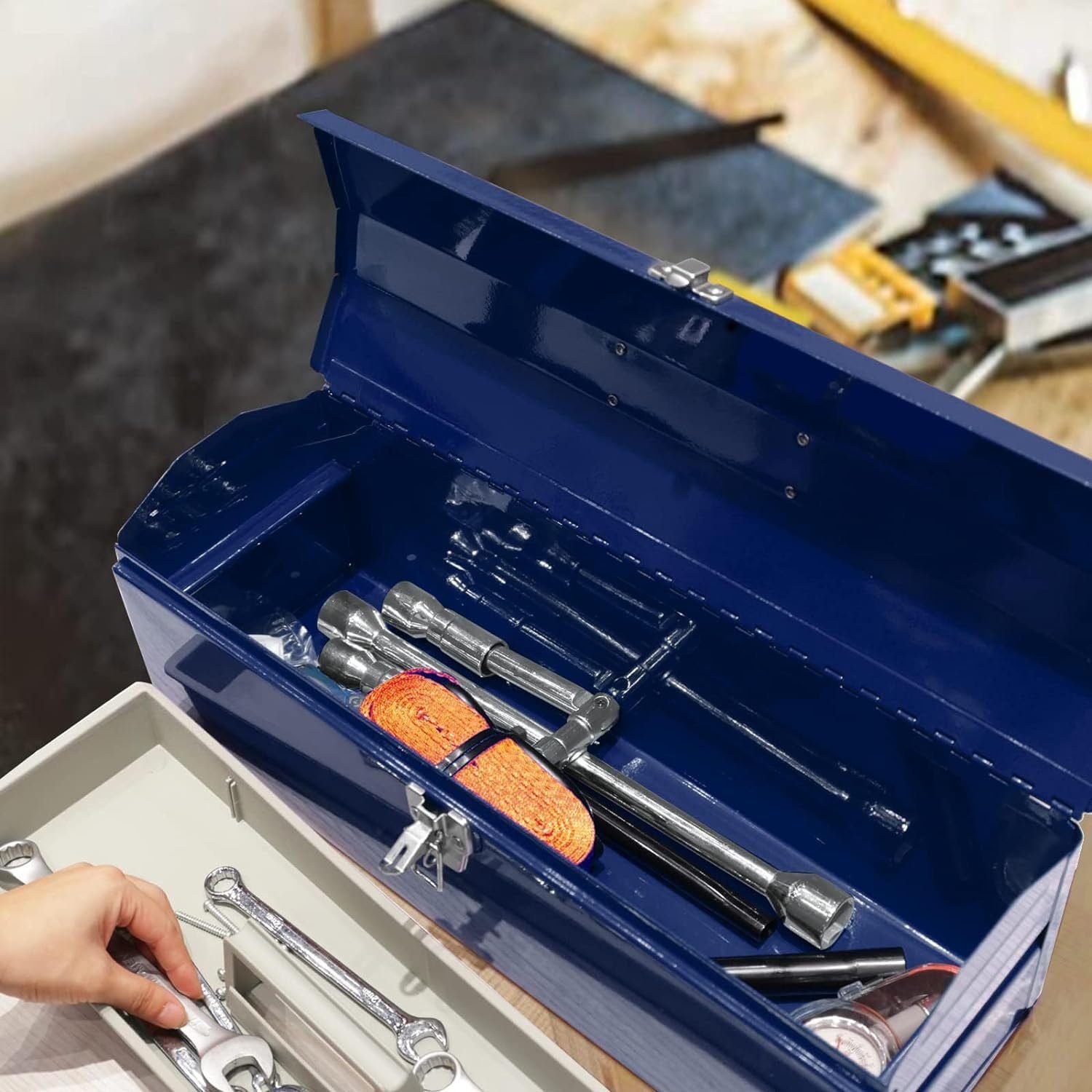 TCE ATB101U-1 Torin Portable Steel Tool Box: 19 Hip Roof Style with Metal Latch Closure and Removable Storage Tray, Blue TCE ATB101U-1 Torin Portable Steel Tool Box: 19 Hip Roof Style with Metal Latch Closure and Removable Storage Tray, Blue