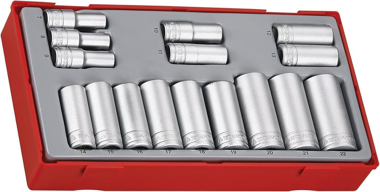 Teng Tools 16 Piece 3/8 Inch Drive Metric 6 Point Deep Socket Set Tool Tray (7mm - 22mm) - TT3816, Silver Teng Tools 16 Piece 3/8 Inch Drive Metric 6 Point Deep Socket Set Tool Tray (7mm - 22mm) - TT3816, Silver