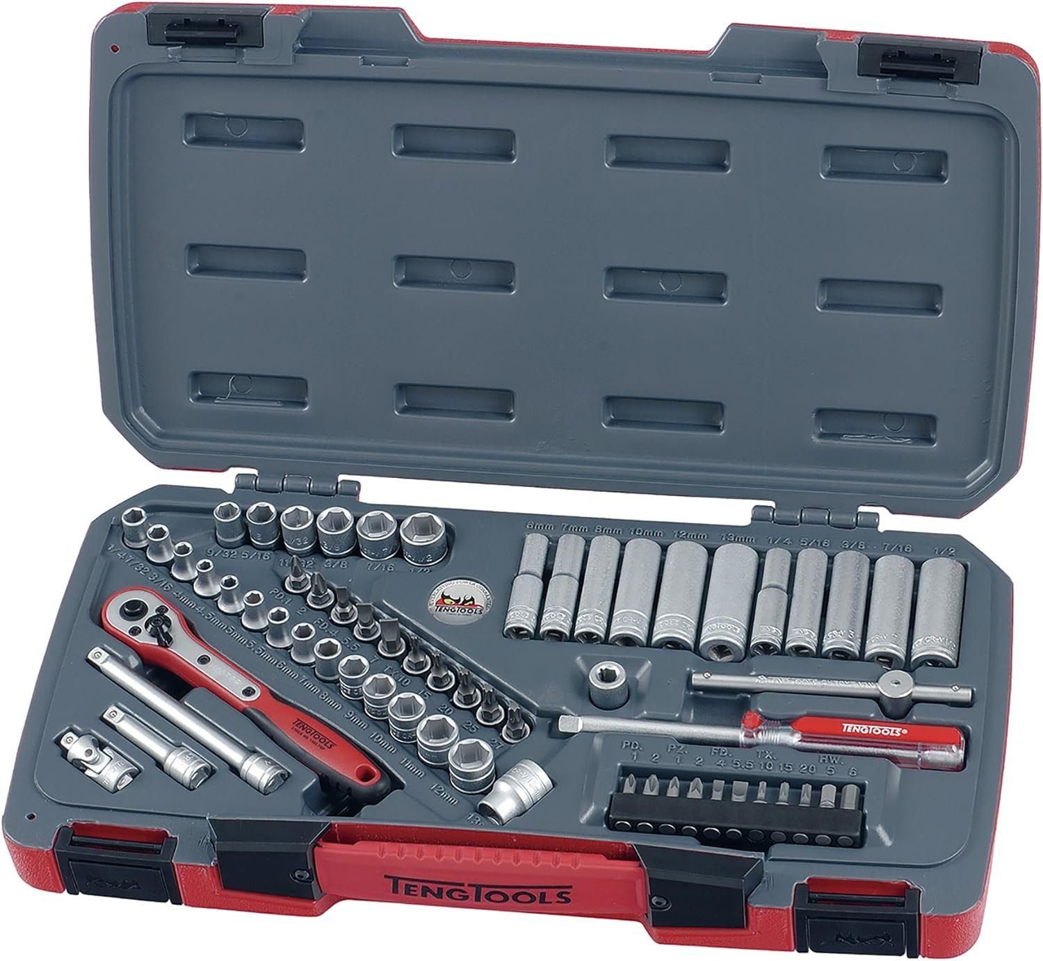 Teng Tools 60 Piece 1/4 Inch Drive 6 Point Metric SAE Regular/Shallow Deep Socket Set - T1460, Silver Teng Tools 60 Piece 1/4 Inch Drive 6 Point Metric SAE Regular/Shallow Deep Socket Set - T1460, Silver