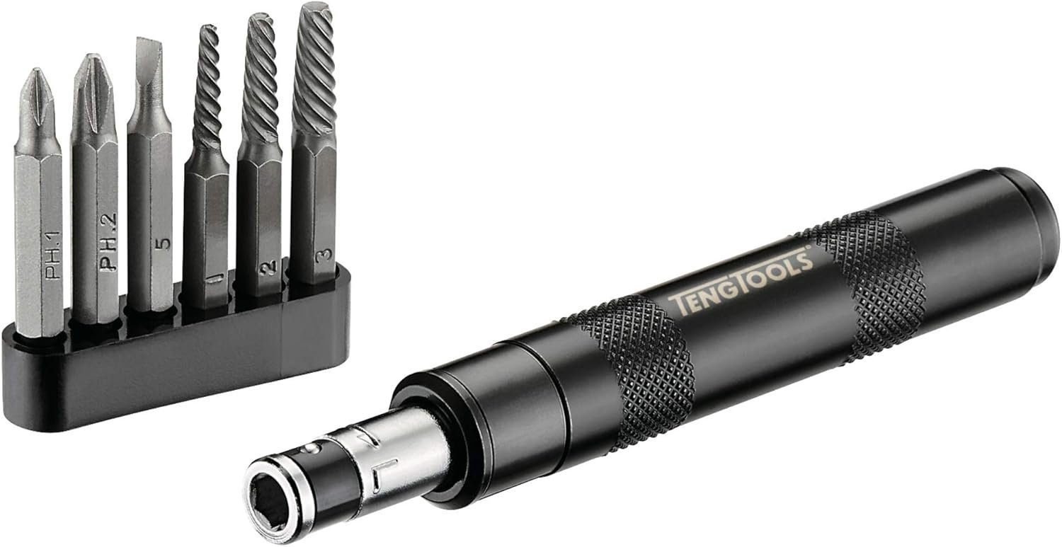 Teng Tools 7 Piece 1/4 Inch Drive Mini Reversible Manual Hand Impact Driver/Extractor Set - IDSE7, Silver