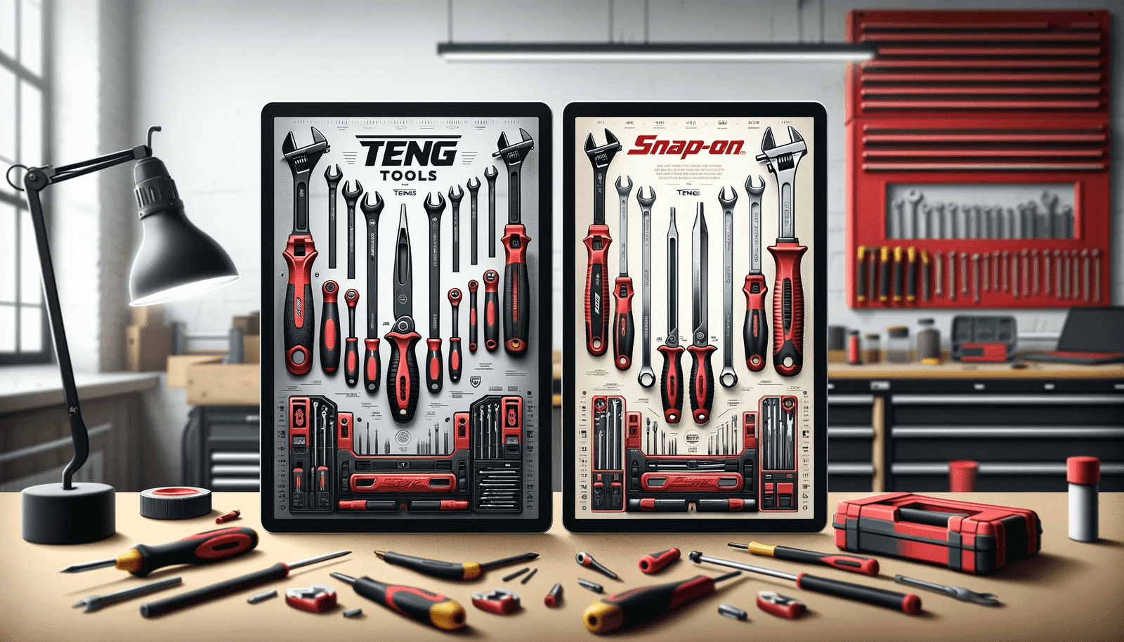 A digital illustration of two distinct sets of tools, one labeled 'Teng Tools' and the other 'Snap-On', displayed side by side for comparison. The Ten.