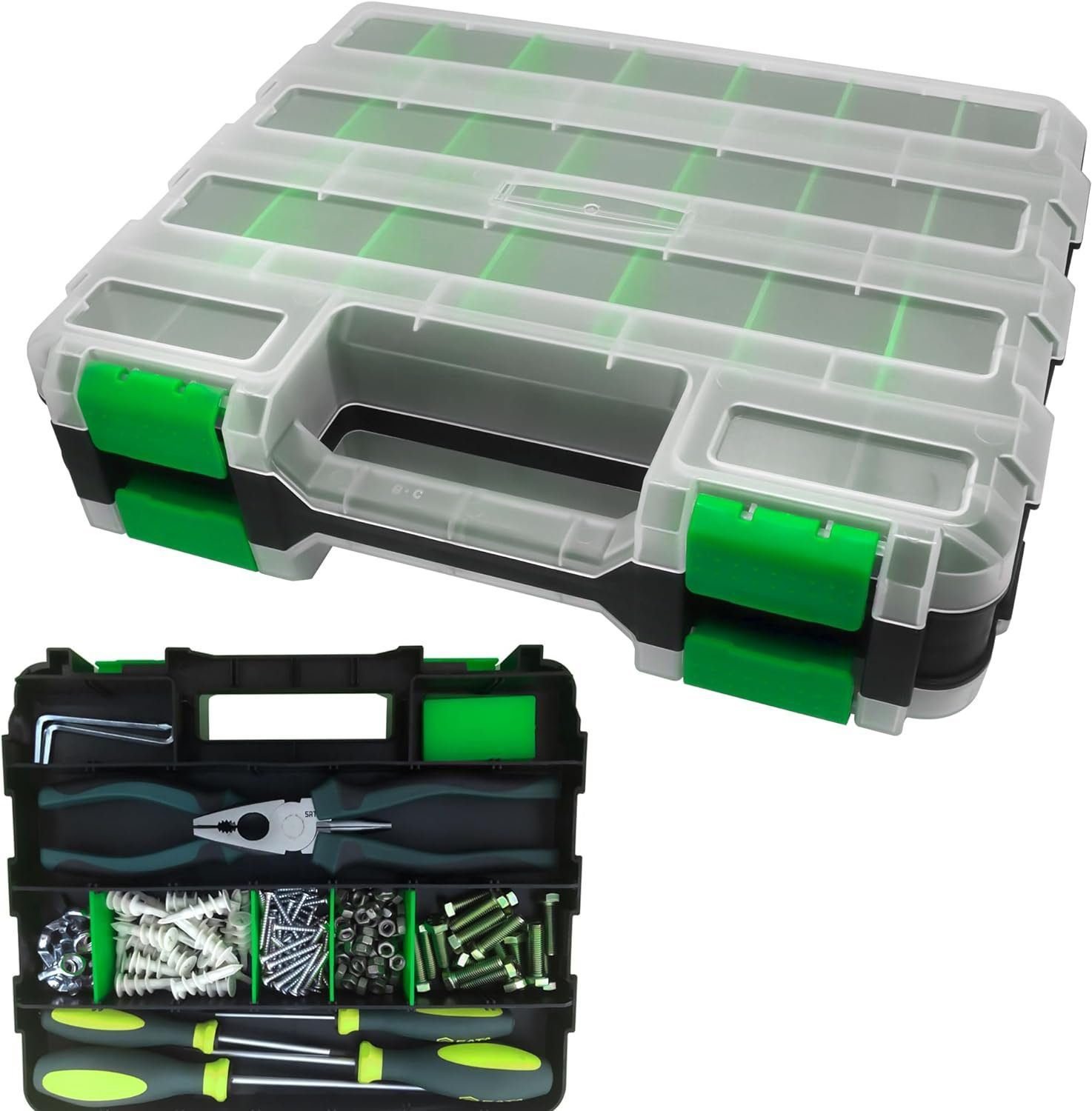 Tools Organizer Box Small Parts Storage Box 50-Compartment Double Side Hardware Organizers with Removable Plastic Dividers for Screws, Nuts, Nails, Bolts, Green Tools Organizer Box Small Parts Storage Box 50-Compartment Double Side Hardware Organizers with Removable Plastic Dividers for Screws, Nuts, Nails, Bolts, Green