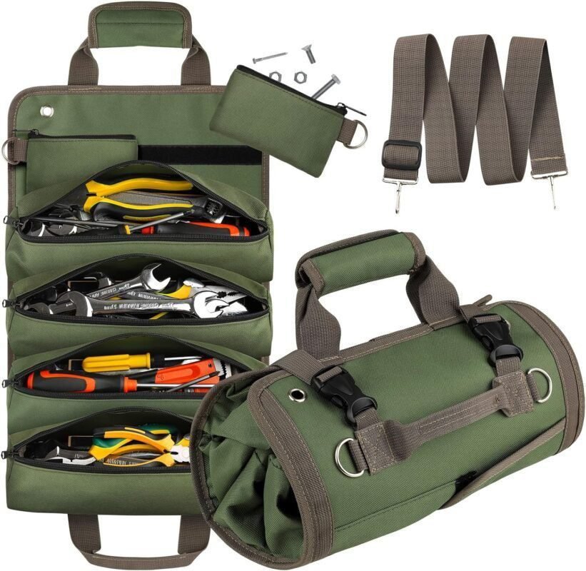 UUP Tool Bag Roll Up, Heavy Duty Tool Organizer for Men Women, Portable Tool Storage Box with 2 Detachable Zipper Pouch, Compact Small Carrier Bag for Electrician Mechanic, Father Day Dad Gifts, Green UUP Tool Bag Roll Up, Heavy Duty Tool Organizer for Men Women, Portable Tool Storage Box with 2 Detachable Zipper Pouch, Compact Small Carrier Bag for Electrician Mechanic, Father Day Dad Gifts, Green