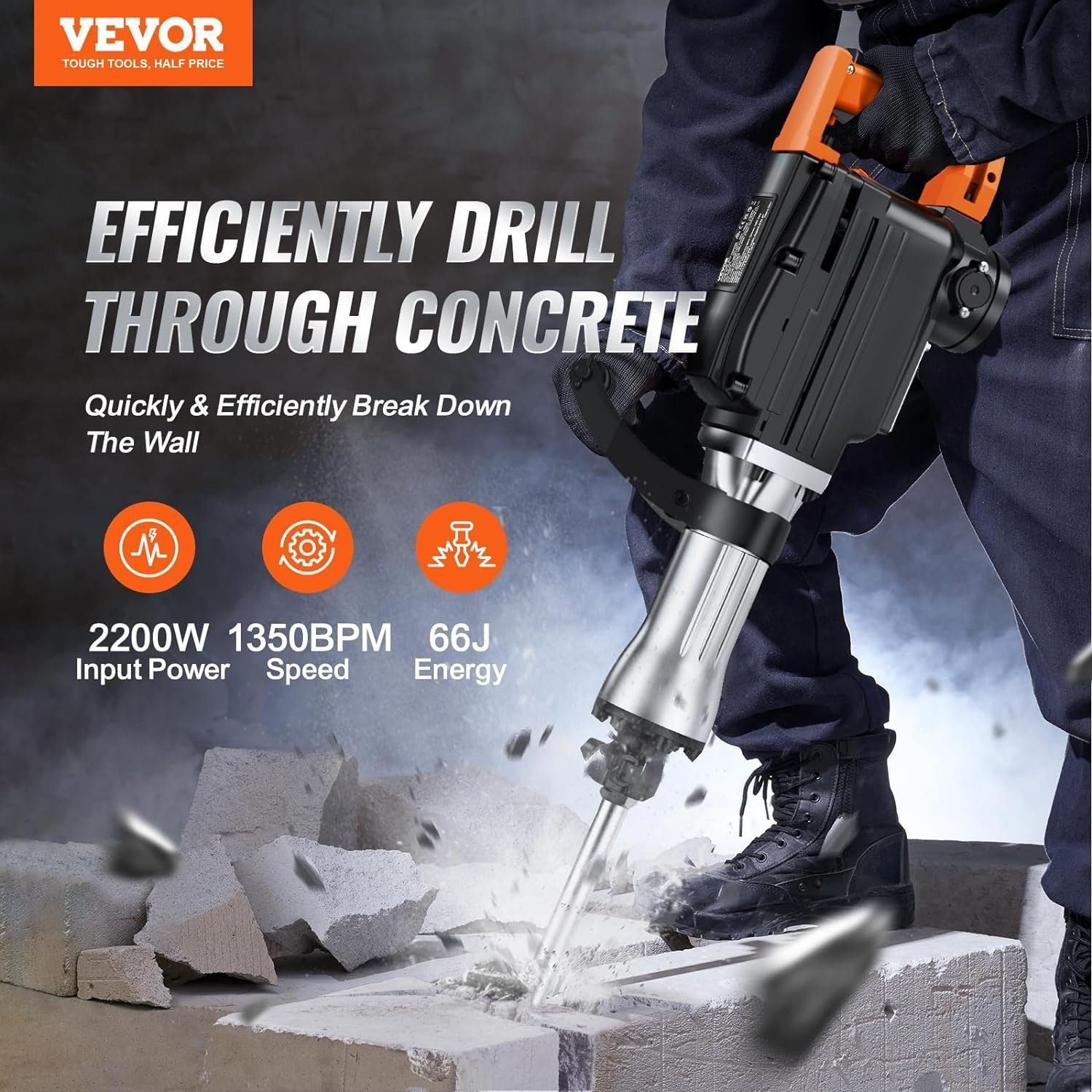 VEVOR Demolition Jack Hammer, 2200W Electric Jackhammer Heavy Duty, 1350 BPM Concrete Breaker 4pcs Chisels Bit Chipping W/Case, Gloves VEVOR Demolition Jack Hammer, 2200W Electric Jackhammer Heavy Duty, 1350 BPM Concrete Breaker 4pcs Chisels Bit Chipping W/Case, Gloves