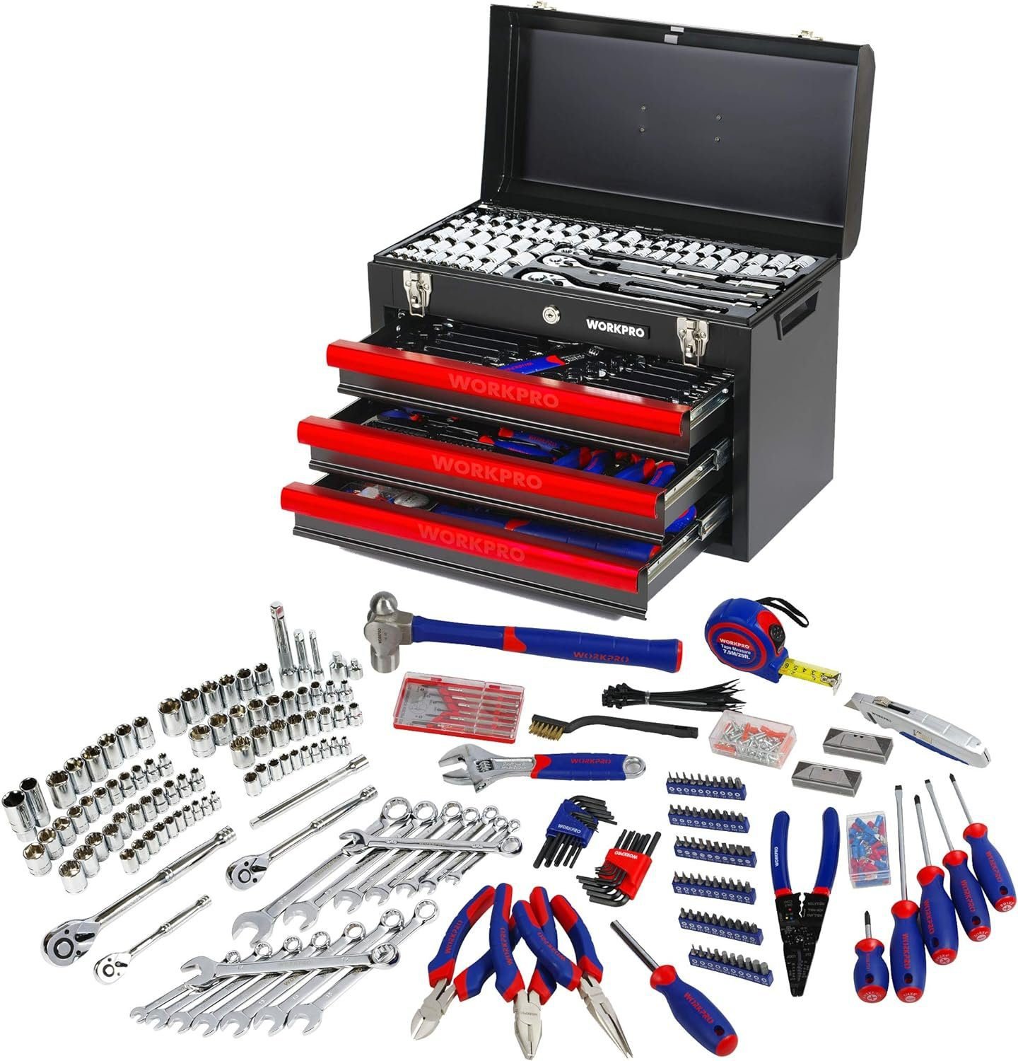 WORKPRO 408-Piece Mechanics Tool Set, General Household Home Repair Tool Kit with 3-Drawer Heavy Duty Metal Box, Hand Tool Kit Set 1 Pack WORKPRO 408-Piece Mechanics Tool Set, General Household Home Repair Tool Kit with 3-Drawer Heavy Duty Metal Box, Hand Tool Kit Set 1 Pack