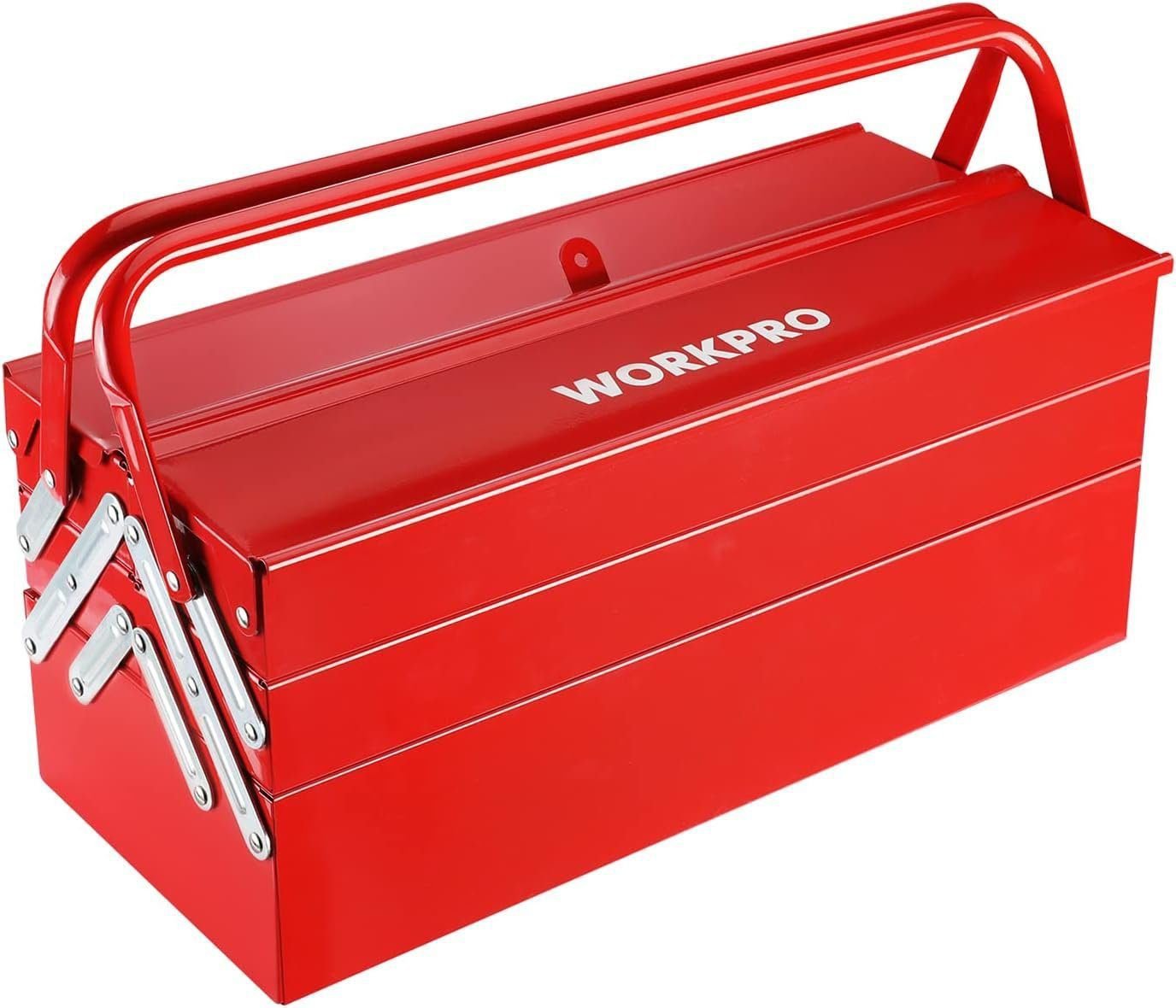 WORKPRO Metal Tool Box, 18-inch Cantilever Folding Red Storage Box, 3-Layer 5-Tray Multi-Function Tool Organizer, Red WORKPRO Metal Tool Box, 18-inch Cantilever Folding Red Storage Box, 3-Layer 5-Tray Multi-Function Tool Organizer, Red