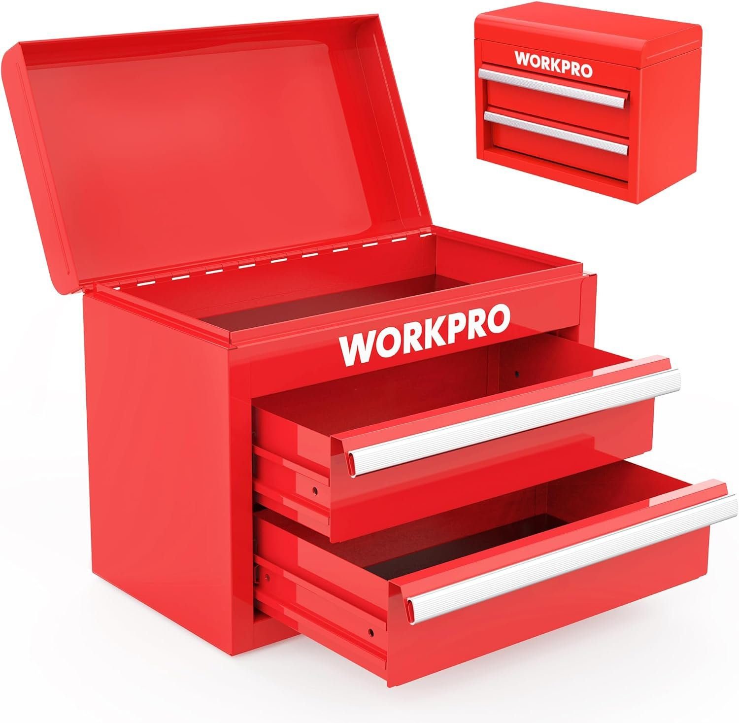 WORKPRO Mini Metal Tool Box with 2 Drawers and Top Storage, Small Tool Chest with PVC Liners and PP Feet Pads, Cold Rolled Steel Toolbox with Magnetic Tab WORKPRO Mini Metal Tool Box with 2 Drawers and Top Storage, Small Tool Chest with PVC Liners and PP Feet Pads, Cold Rolled Steel Toolbox with Magnetic Tab