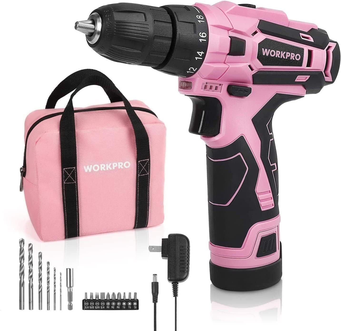 WORKPRO Pink Cordless Drill Driver Set, 12V Electric Screwdriver Driver Tool Kit, 3/8 Keyless Chuck, Charger and Storage Bag Included - Pink Ribbon WORKPRO Pink Cordless Drill Driver Set, 12V Electric Screwdriver Driver Tool Kit, 3/8 Keyless Chuck, Charger and Storage Bag Included - Pink Ribbon