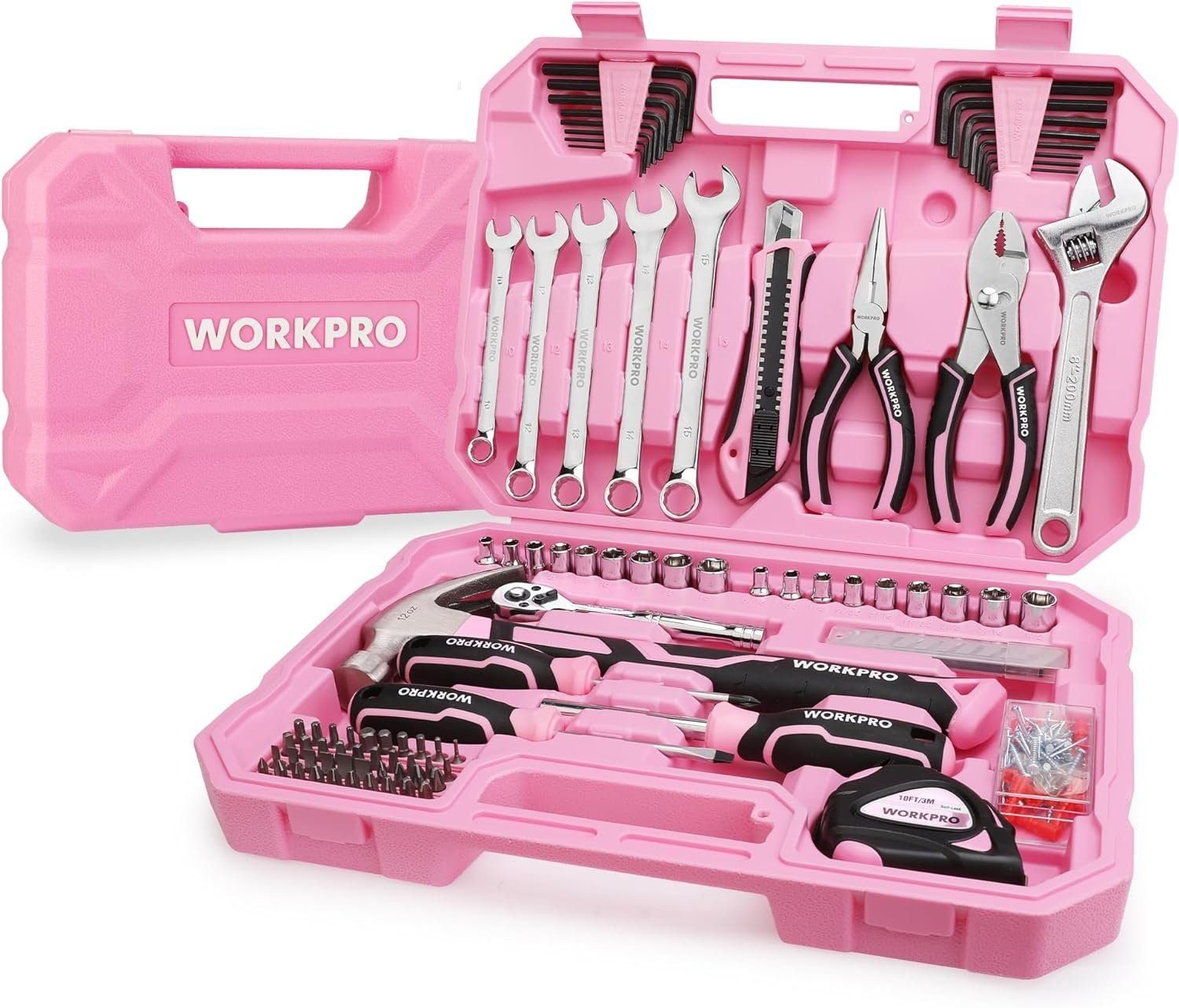WORKPRO Pink Household Home Tool Kit, 284PC Mechanic Tool Set with Socket Set, Plier, Ratchet Handle, Complete Hand Tools for Home Improvement, Portable Tool Box for Garage, Repair, DIY - Pink Ribbon