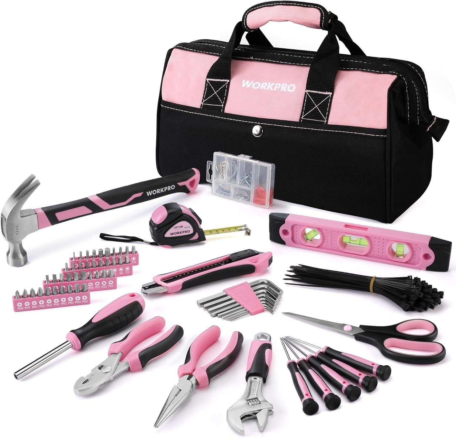 WORKPRO Pink Tool Kit, 263-Piece Home Repairing Tool Set with Wide Mouth Open Storage Bag, Household Tool Kit - Pink Ribbon WORKPRO Pink Tool Kit, 263-Piece Home Repairing Tool Set with Wide Mouth Open Storage Bag, Household Tool Kit - Pink Ribbon