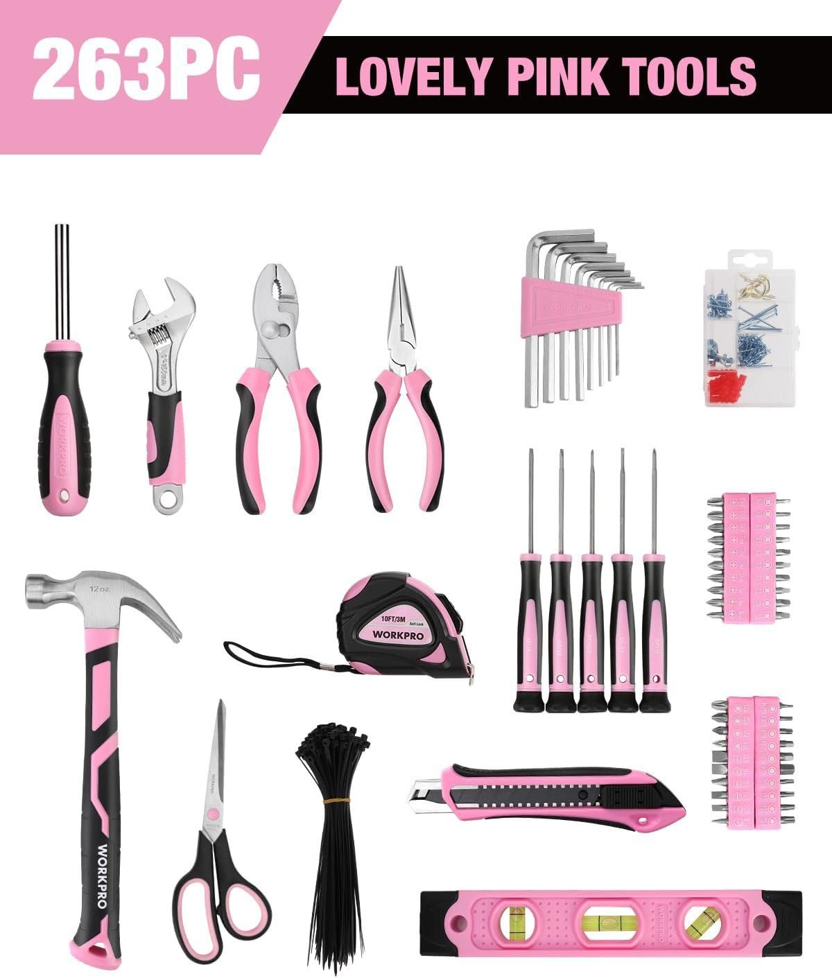 WORKPRO Pink Tool Kit, 263-Piece Home Repairing Tool Set with Wide Mouth Open Storage Bag, Household Tool Kit - Pink Ribbon WORKPRO Pink Tool Kit, 263-Piece Home Repairing Tool Set with Wide Mouth Open Storage Bag, Household Tool Kit - Pink Ribbon