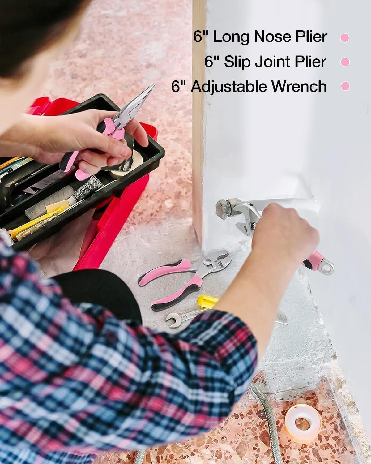 WORKPRO Pink Tool Kit, 263-Piece Home Repairing Tool Set with Wide Mouth Open Storage Bag, Household Tool Kit - Pink Ribbon WORKPRO Pink Tool Kit, 263-Piece Home Repairing Tool Set with Wide Mouth Open Storage Bag, Household Tool Kit - Pink Ribbon