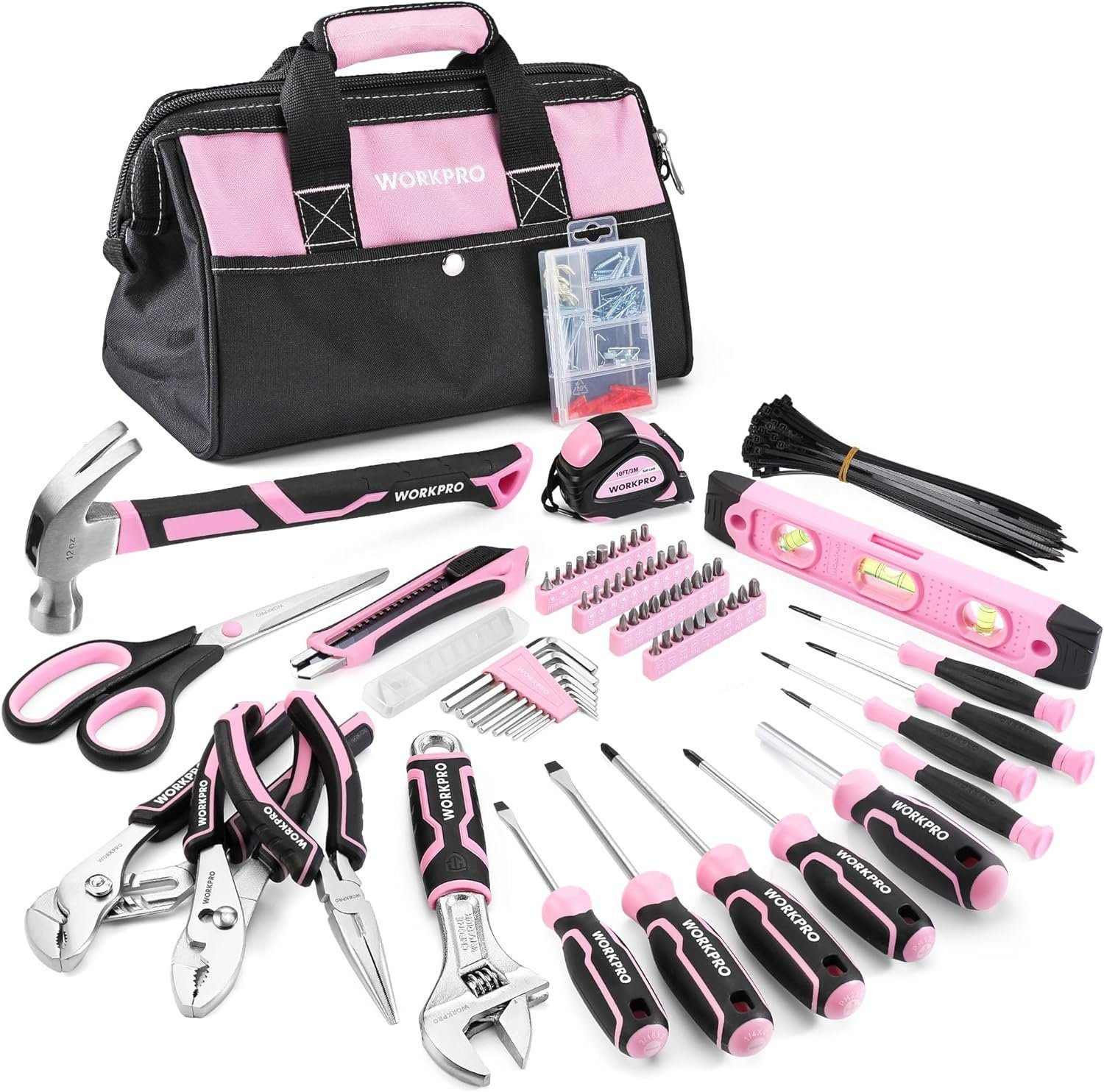 WORKPRO Pink Tool Set, 277 PCS Apartment Essentials Hand Tool Bag Set with 13-Inch Wide Mouth Open Storage Bag, Portable Home Tool Kit Including Hammer, Screwdriver, and Household Tools - Pink Ribbon WORKPRO Pink Tool Set, 277 PCS Apartment Essentials Hand Tool Bag Set with 13-Inch Wide Mouth Open Storage Bag, Portable Home Tool Kit Including Hammer, Screwdriver, and Household Tools - Pink Ribbon