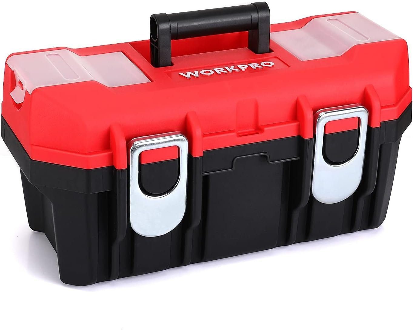 WORKPRO Tool Box Portable 16 with Removable Tray Heavy Duty Toolbox with 2 Metal Latches, Rated up to 33 Lbs, PP Plastic Small Tool Boxes with Lock Secured, Small Parts Organizer in Lid, black red WORKPRO Tool Box Portable 16 with Removable Tray Heavy Duty Toolbox with 2 Metal Latches, Rated up to 33 Lbs, PP Plastic Small Tool Boxes with Lock Secured, Small Parts Organizer in Lid, black red
