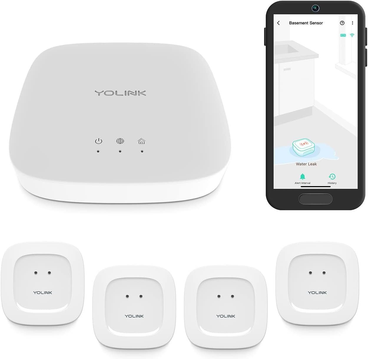 YoLink Smart Home Starter Kit: Hub Water Leak Sensor 4-Pack, SMS/Text, Email Push Notifications, LoRa Up to 1/4 Mile Open-Air Range, w/Alexa, IFTTT, Home Assistant YoLink Smart Home Starter Kit: Hub Water Leak Sensor 4-Pack, SMS/Text, Email Push Notifications, LoRa Up to 1/4 Mile Open-Air Range, w/Alexa, IFTTT, Home Assistant