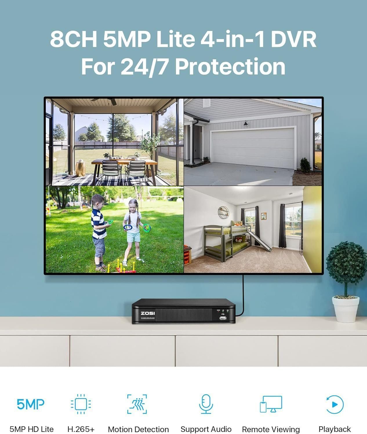 ZOSI H.265+ 5MP 3K Lite CCTV DVR 8 Channel Full 1080p, AI Human Vehicle Detection, Remote Access, Hybrid Capability 4-in-1(Analog/AHD/TVI/CVI) Surveillance DVR for Security Camera (No Hard Drive) ZOSI H.265+ 5MP 3K Lite CCTV DVR 8 Channel Full 1080p, AI Human Vehicle Detection, Remote Access, Hybrid Capability 4-in-1(Analog/AHD/TVI/CVI) Surveillance DVR for Security Camera (No Hard Drive)